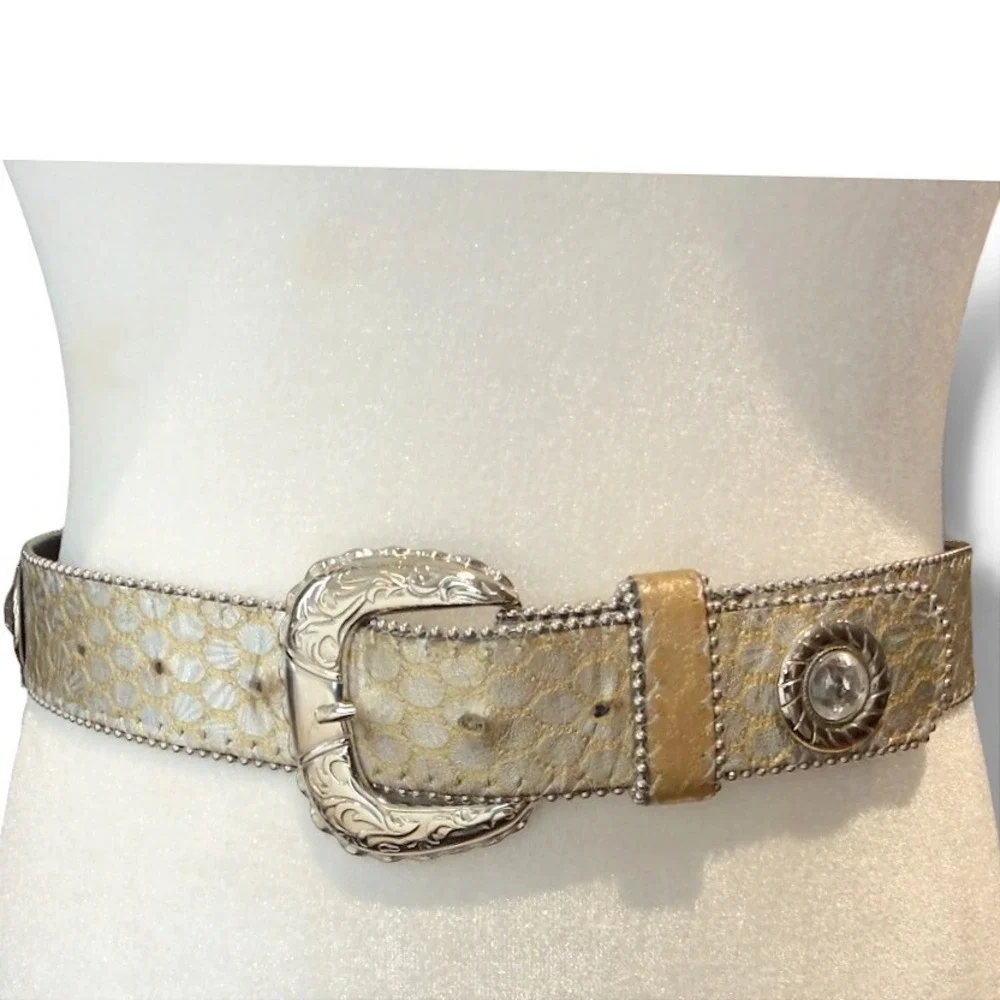 Elite Belt Womens S Gold Silver Snakeskin Crystal Concho Western Cowgirl USA